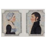 Pair of early 19th-century folk art watercolor profile portraits of Nancy Creel and Lewis Aylor, mar