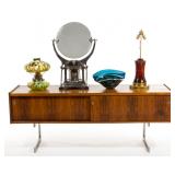 Selection of Modern design, including a rosewood floating credenza on chrome base...