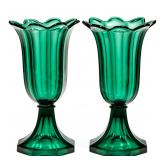 An outstanding pair of perfectly matching emerald green Sandwich Tulip vases