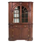 VA or MD walnut architectural two-piece corner cupboard, 88" H, 56" W, 37" corner, documented...