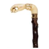 Detail of 19th-century cane with carved bone handle