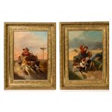 Pair of American School oil on canvas genre paintings, frames retain Baltimore, MD merchant
