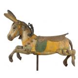 Fine folk art carved and painted hollow-body carousel donkey, 54" HOA (including stand)