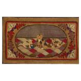 Late 19th-century American folk art hooked rug featuring cat and kittens, 33" x 55" overall