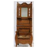 260 - Vintage oak carved hall seat 80" tall x 29" wide x 16" deep Damage to wood at one hinge