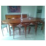 Mid Century Modern, Teak, from Germany in 1960. Table with 2 inserts, Credenza, 10 unique chairs