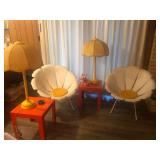 Pair Grosfilex Daisy Chairs MCM garden armchairs model "Marguerite" in white resin and metallic tubu