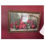 By Paul DeLongpre A tumbling basket of red roses with four bumblebees  1896