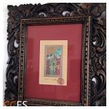 Asian Artwork w/ Balinese Hand Carved Wood Frame