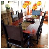 South Cone Peruvian Hand Made Wood Dining Table & Leather Strapped Back Chairs