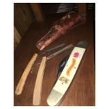 Old Straight edge razors, knife and holster