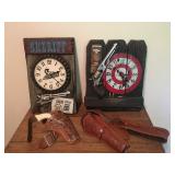Western style wall clocks, cap guns w/ holsters