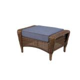 Hampton Bay Spring Haven Brown All-Weather Wicker Outdoor Patio Ottoman with Sky Blue Cushion