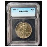 1942 WALKING LIBERTY SILVER HALF DOLLAR AU55 ICG