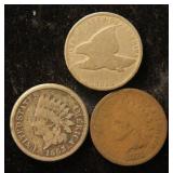 (3) SMALL CENTS: 1858 SL FLYING EAGLE 1863 & 1874 INDIAN HEADS