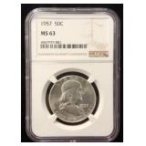 1957 FRANKLIN SILVER HALF DOLLAR MS63 NGC