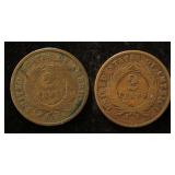 (2) US TWO CENT PIECES: 1868 & 1869
