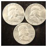 (3) BU-UNC 1963 FRANKLIN SILVER HALF DOLLARS