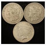 (3) SILVER DOLLARS: 1882-S & 1888-O MORGANS & 1923 PEACE