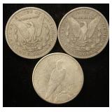 (3) SILVER DOLLARS: 1882-S & 1888-O MORGANS & 1923 PEACE