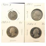 (4) COINS: 2 PROOF QUARTERS, 1924-D MERCURY & 1941 NICKEL