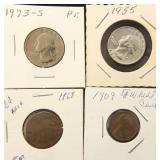 (4) US COINS: (2) WASHINGTON 25C (1 SILVER) 1868 2C & 1909 1C