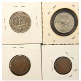 (4) US COINS: (2) WASHINGTON 25C (1 SILVER) 1868 2C & 1909 1C