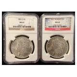 (2) NGC MS62 CERTIFIED MORGAN SILVER DOLLARS: 1883-O & 1921