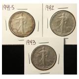 (3) ALMOST UNCIRCULATED WALKING LIBERTY HALVES: 1941-S 1942 & 1943