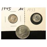 (3) SILVER COINS: 1945 MERCURY 1955 ROOSEVELT & 1976 KENNEDY (SILVER) HALF DOLLAR