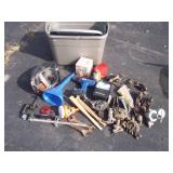 Tote with Cordless Drill, Work Light, Funnel, Welding Mask, Misc.