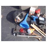 Tote with Cordless Drill, Work Light, Funnel, Welding Mask, Misc.