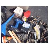 Tote with Cordless Drill, Work Light, Funnel, Welding Mask, Misc.
