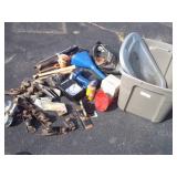 Tote with Cordless Drill, Work Light, Funnel, Welding Mask, Misc.