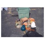 Tote with Vintage Duck Decoys, Pitcher, Straps, Wall Hangings, Outboard Prop, Misc.