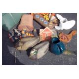 Tote with Vintage Duck Decoys, Pitcher, Straps, Wall Hangings, Outboard Prop, Misc.