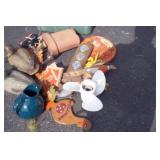Tote with Vintage Duck Decoys, Pitcher, Straps, Wall Hangings, Outboard Prop, Misc.