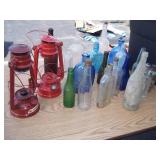 Tote with Vintage Bottles & Lanterns