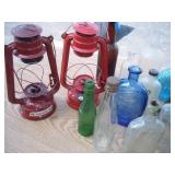 Tote with Vintage Bottles & Lanterns