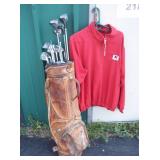 Vintage Leather Golf Bag with Clubs, Krause Brand Pull Over Size XL