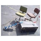 2 Chairs with Wheels, Storage Trunk, Ice Auger
