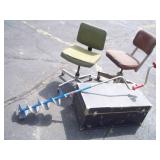 2 Chairs with Wheels, Storage Trunk, Ice Auger