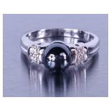 Black Pearl and Diamond Ring in White Gold