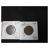 Indian Head Pennies- 1891, 1902, 1906,1907,1908, 1899, Buffalo Nickel