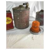 Old Metal gas cans, metal mop bucket, 3 oil cans and  service light