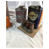 Old Metal gas cans, metal mop bucket, 3 oil cans and  service light