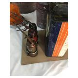 Old Metal gas cans, metal mop bucket, 3 oil cans and  service light