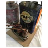 Old Metal gas cans, metal mop bucket, 3 oil cans and  service light