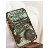 Old Metal gas cans, metal mop bucket, 3 oil cans and  service light