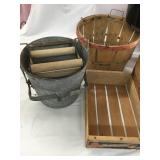 Metal mop bucket, wooden baskets, two metal pails, 2 wooden crates and 2 old bottles Germany beer.